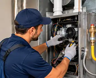 HVAC technician servicing an outdoor heating system in Orlando, Florida
