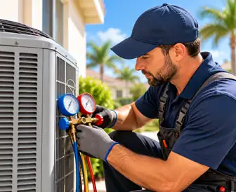 HVAC technician performing air conditioning maintenance in Orlando, Florida