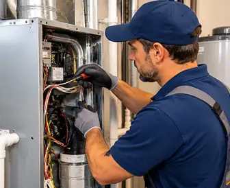 HVAC technician servicing an outdoor heating system in Orlando, Florida