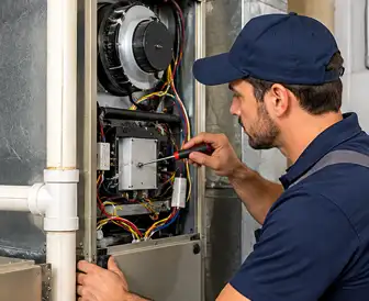 HVAC technician checking an air filter during indoor air quality maintenance