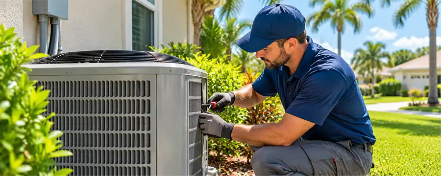 HVAC technician inspecting an outdoor air conditioning unit during maintenance in Orlando, Florida