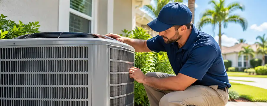 HVAC technician inspecting an outdoor air conditioning unit in Orlando, Florida