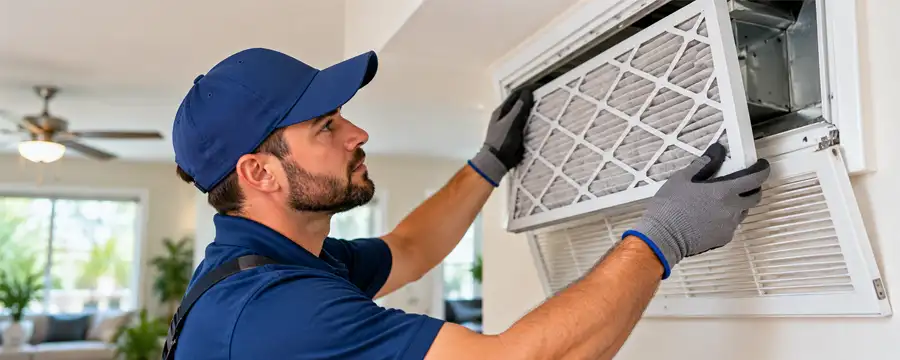 HVAC technician inspecting an indoor air filter in Orlando, Florida